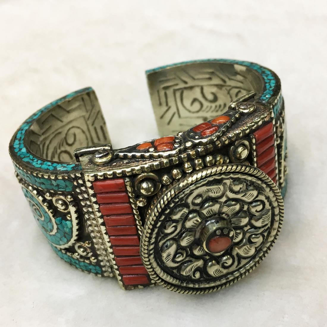 Tibetan Turquoise & Coral Hand Carved Cuff Bangle (1 of 3)