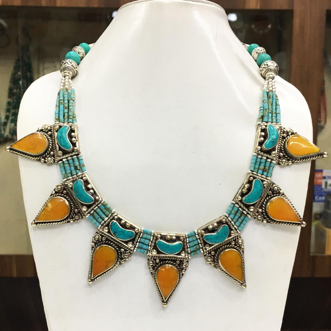 Traditional Tibetan Turquoise & Amber Necklace (1 of 1)