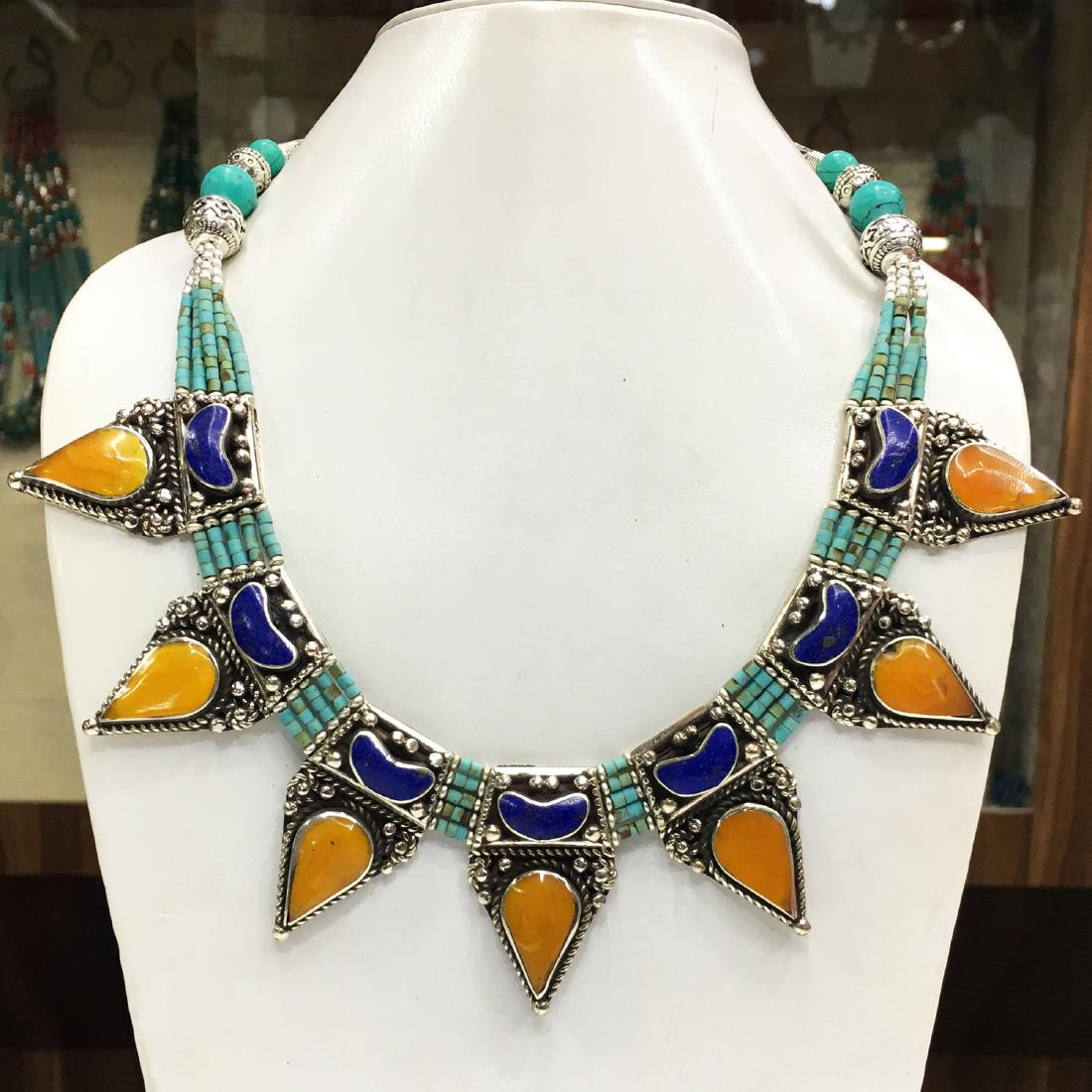 Turquoise & Amber Tribal Bohemian Big Necklace (1 of 1)