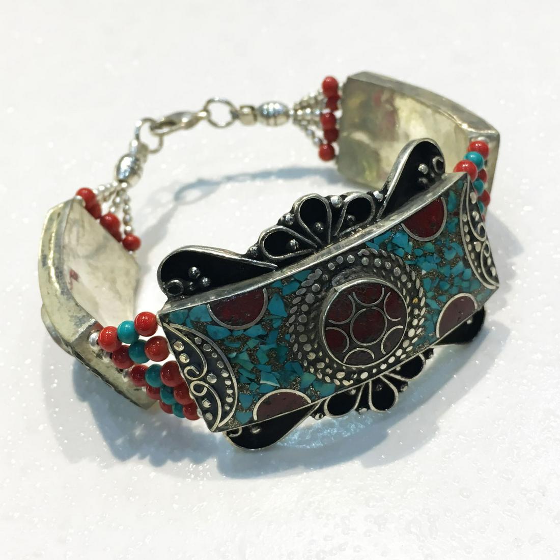 Nepal Natural Turquoise with Coral Beads Bracelet (1 of 2)