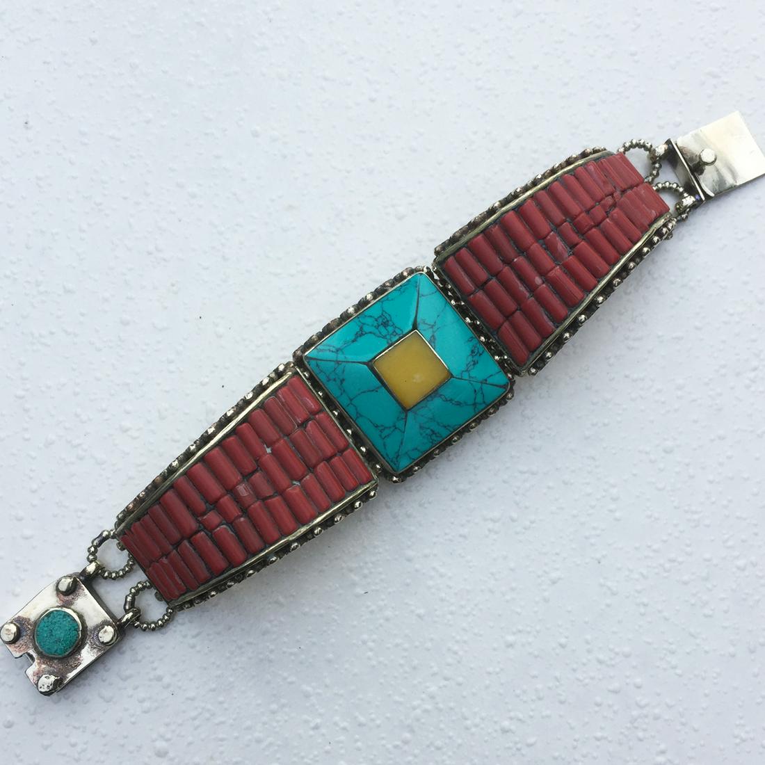 Amber-Coral-Amber Tibetan Silver Bangle (1 of 2)