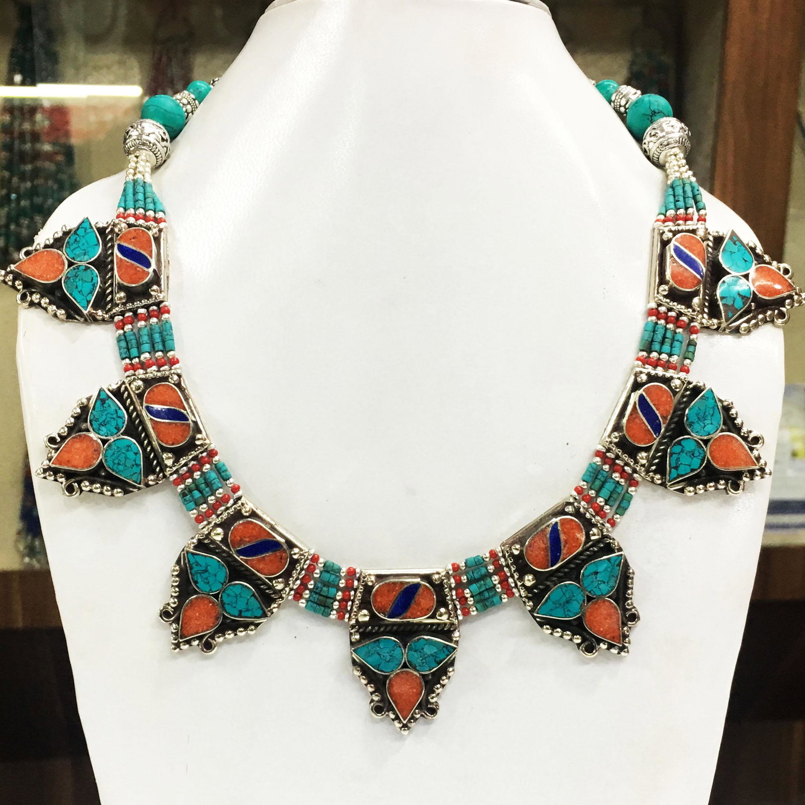 Traditional Turquoise & Coral Antique Boho Necklace: Our new Tibetan necklace is handmade in Kathmandu, Nepal.