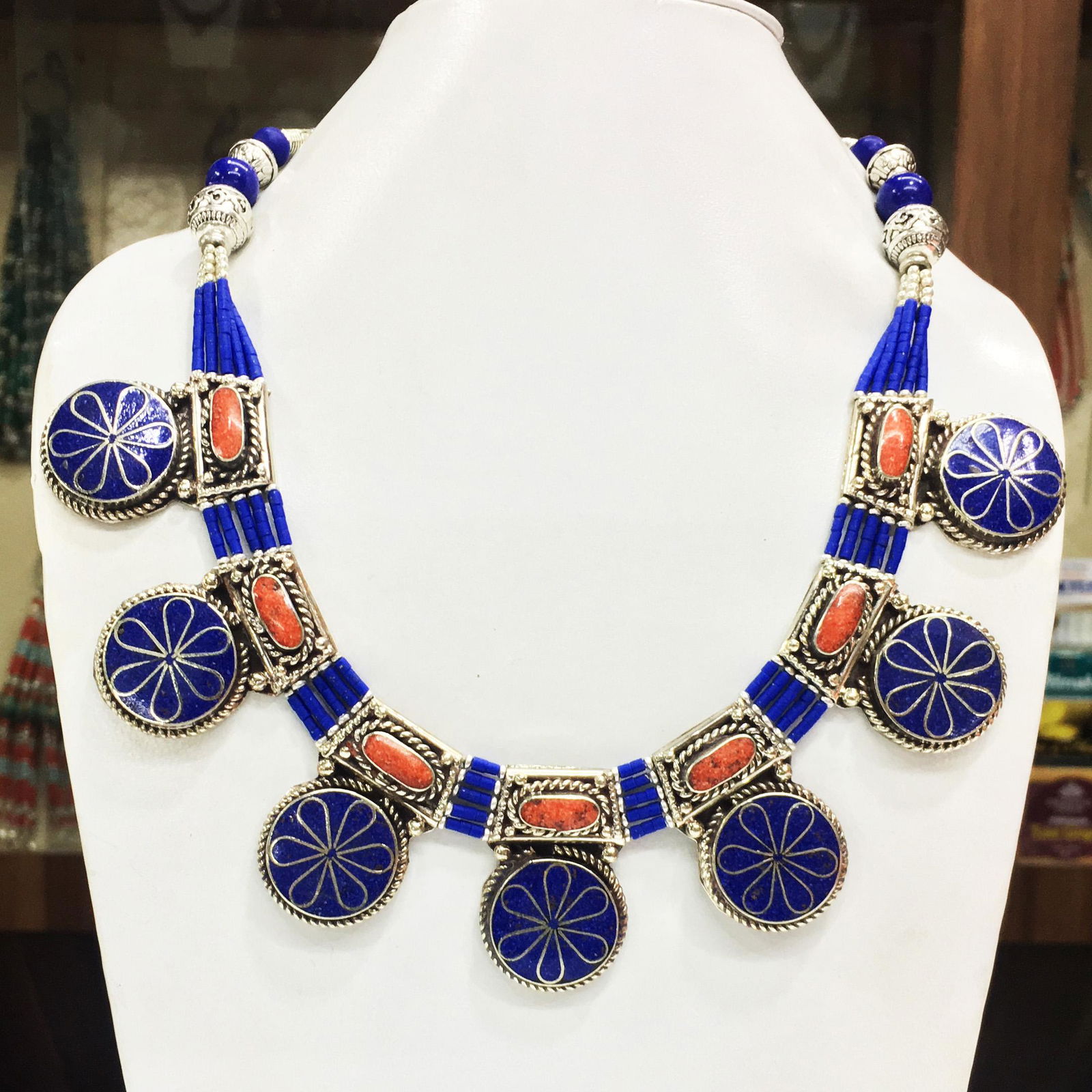 Tibetan Bohemian Lapis & Coral Necklace (1 of 1)