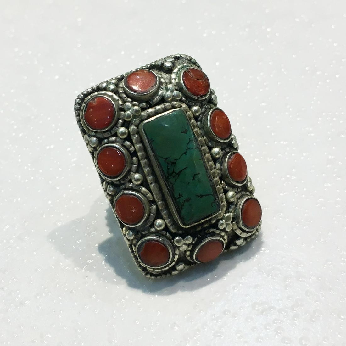 Tibetan Turquoise Hand Carved Antique Ring - 7.5MM: Tibetan Handmade Ethnic Hand Carved Antique Ring Main Stone: Turquoise, Amber, Coral & Lapis Metal: Tibetan Silver Weight: 20 Gram Approx Size(MM): 7.5 Material: Stone Brand: Handmade Style: Bohemian 