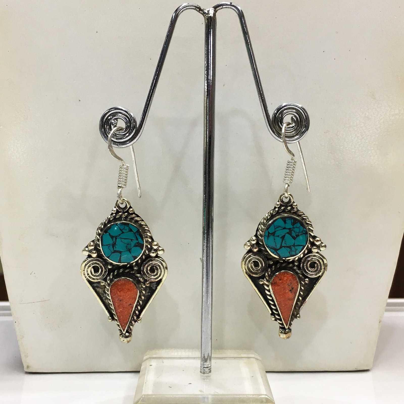Tibetan Turquoise & Coral Handmade Earrings: Tibetan Handmade Ethnic Earrings Main Stone: Turquoise, Coral & Lapis Metal: Tibetan Silver Material: Stone Brand: Handmade Style: Bohemian Ethnic Origin: Tibetan Country/Region of Manufacture: Nepal