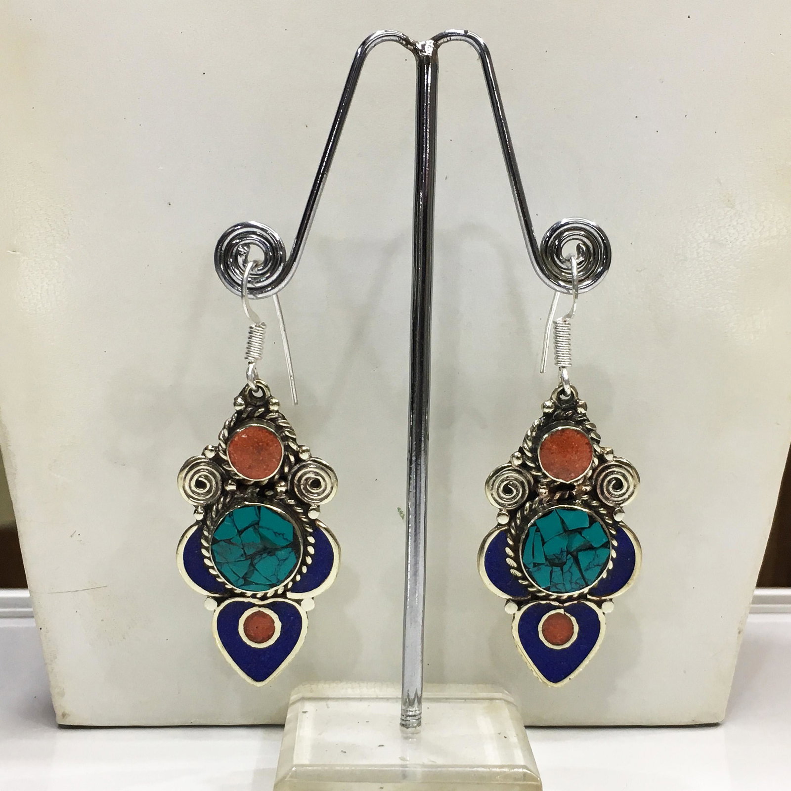 Tibetan Turquoise & Coral Handmade Boho Earrings: Tibetan Handmade Ethnic Earrings Main Stone: Turquoise, Coral & Lapis Metal: Tibetan Silver Material: Stone Brand: Handmade Style: Bohemian Ethnic Origin: Tibetan Country/Region of Manufacture: Nepal