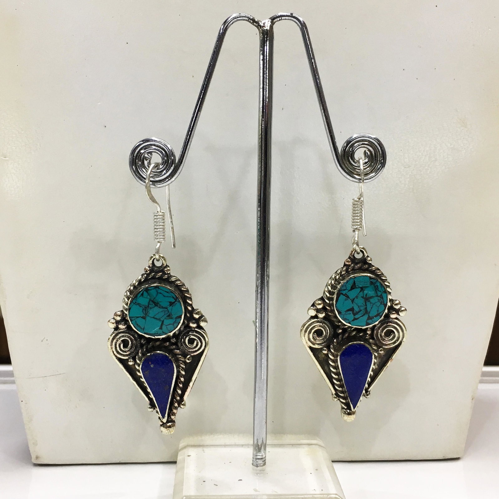 Tibetan Turquoise & Lapis Handmade Boho Earrings: Tibetan Handmade Ethnic Earrings Main Stone: Turquoise, Coral & Lapis Metal: Tibetan Silver Material: Stone Brand: Handmade Style: Bohemian Ethnic Origin: Tibetan Country/Region of Manufacture: Nepal