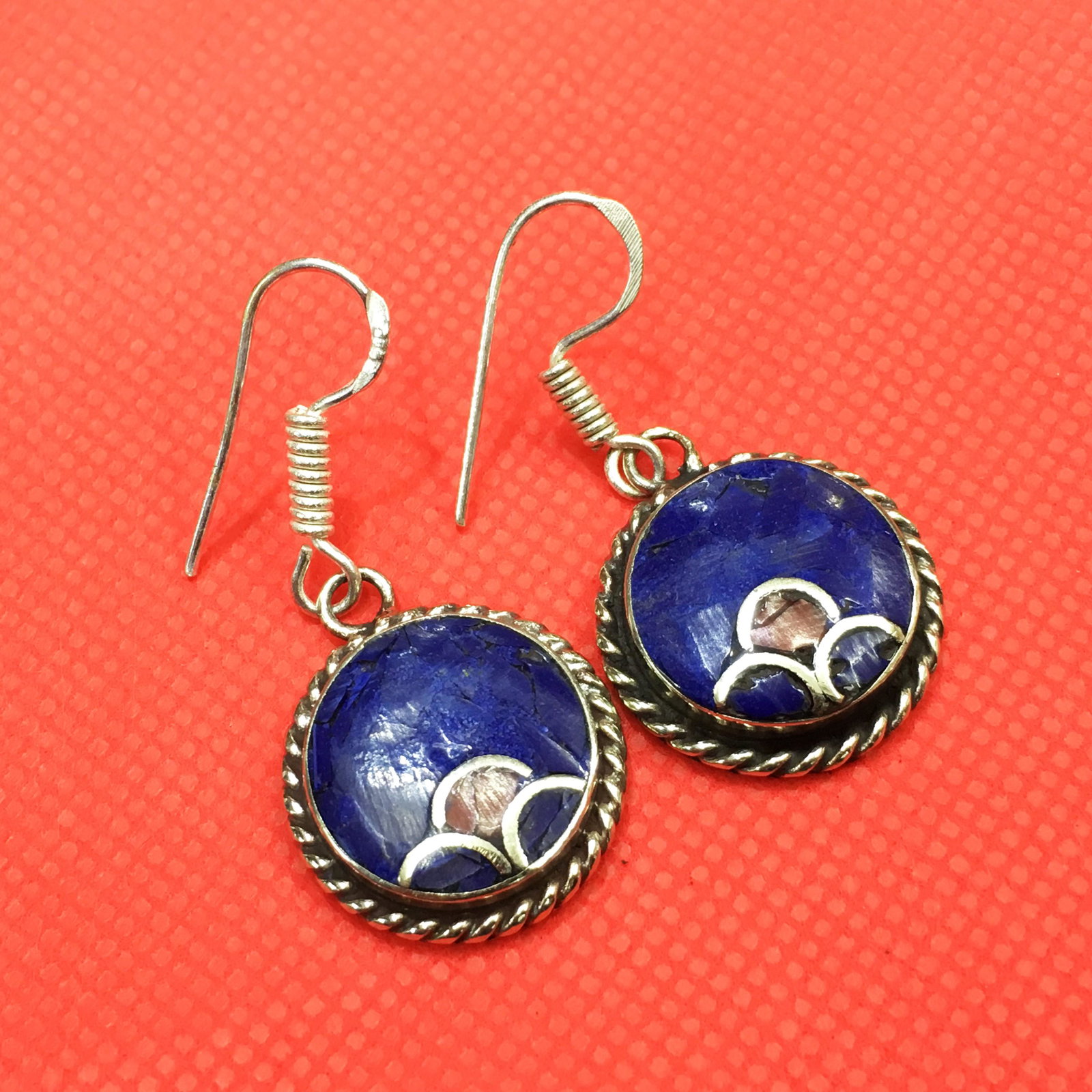Tibetan Lapis & Coral Handmade Ethnic Earrings: Tibetan Handmade Ethnic Earrings Main Stone: Turquoise, Coral & Lapis Metal: Tibetan Silver Material: Stone Brand: Handmade Style: Bohemian Ethnic Origin: Tibetan Country/Region of Manufacture: Nepal