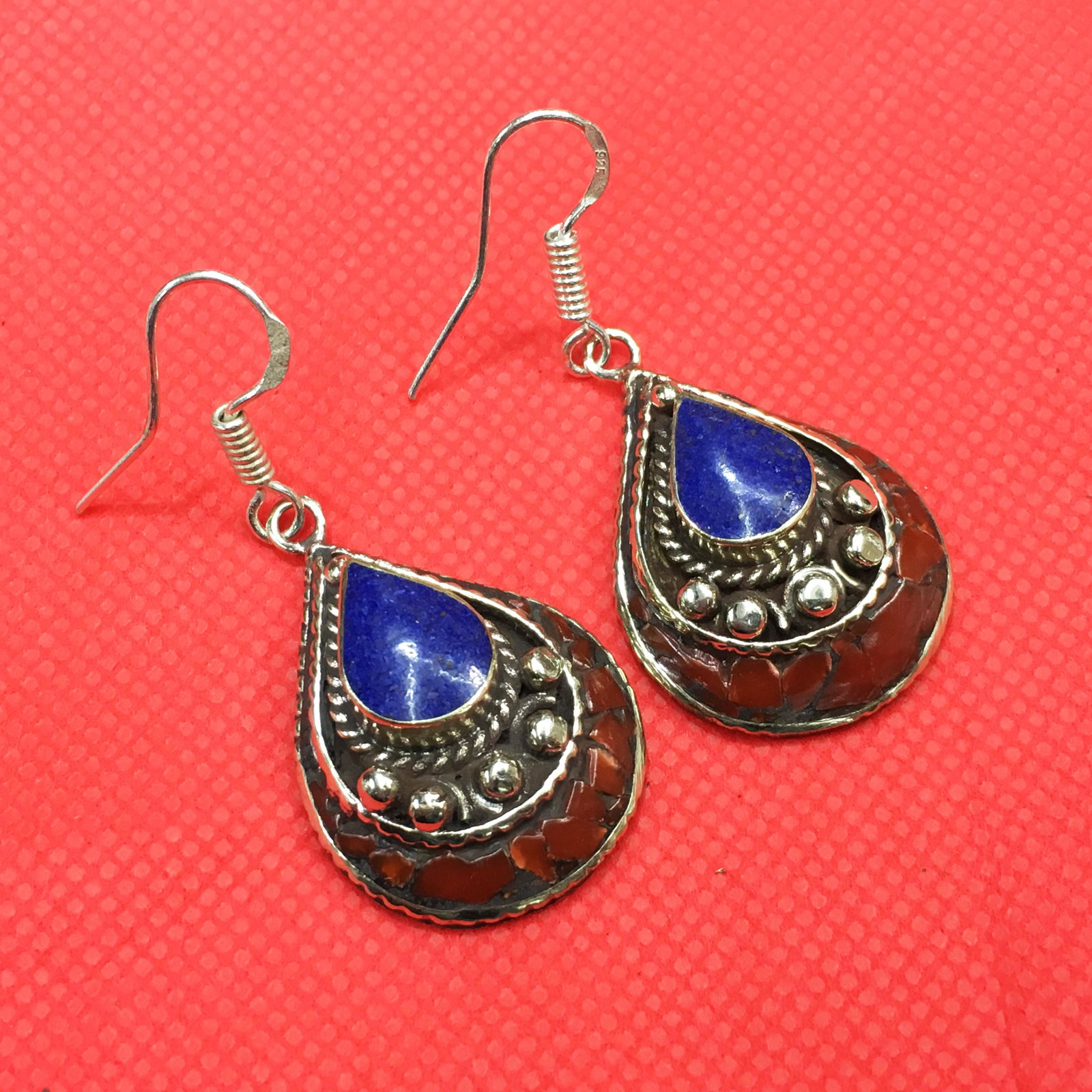 Tibetan Lapis & Coral Handmade Ethnic Earrings: Tibetan Handmade Ethnic Earrings Main Stone: Turquoise, Coral & Lapis Metal: Tibetan Silver Material: Stone Brand: Handmade Style: Bohemian Ethnic Origin: Tibetan Country/Region of Manufacture: Nepal