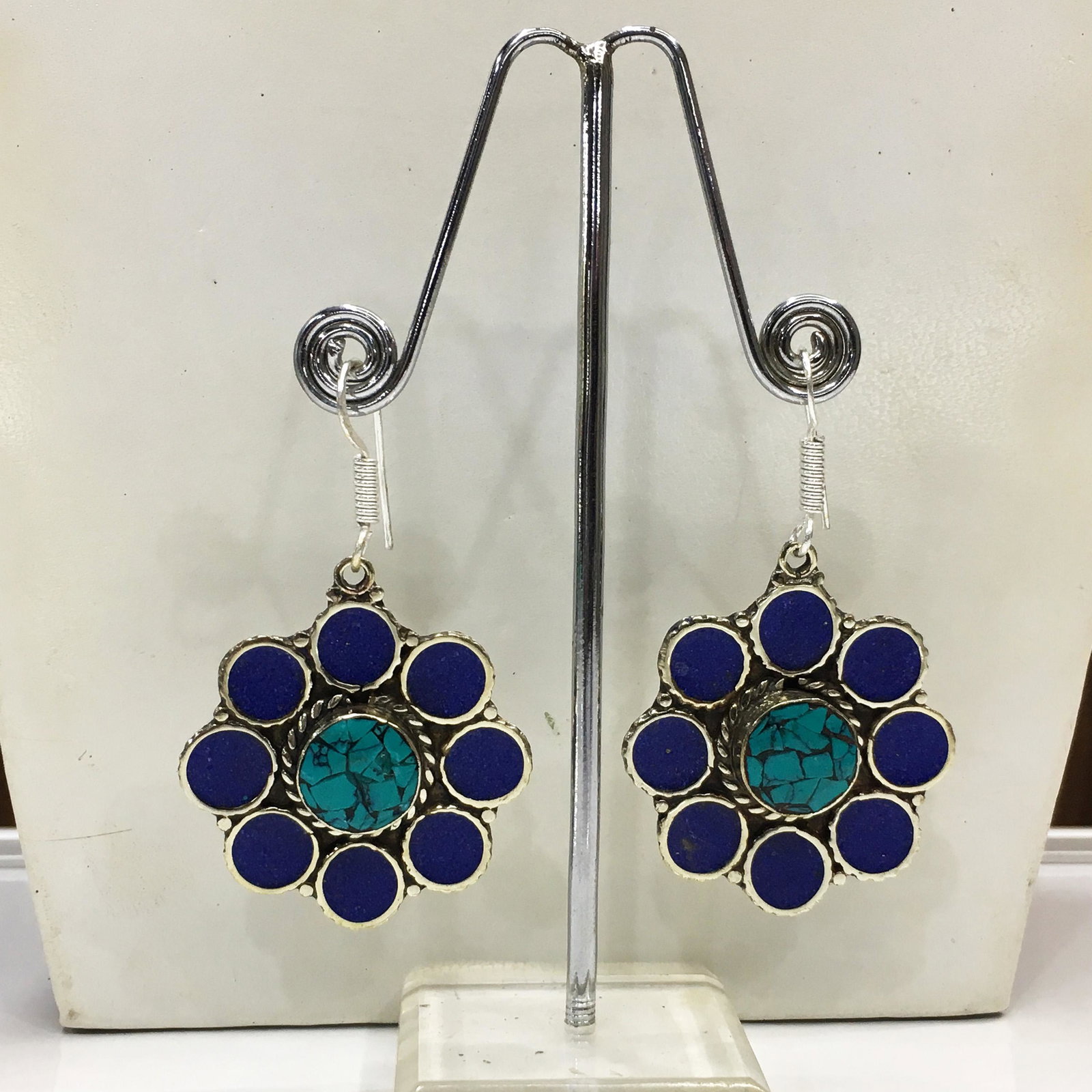 Tibetan Turquoise & Lapis Handmade Ethnic Earrings: Tibetan Handmade Ethnic Earrings Main Stone: Turquoise, Coral & Lapis Metal: Tibetan Silver Material: Stone Brand: Handmade Style: Bohemian Ethnic Origin: Tibetan Country/Region of Manufacture: Nepal
