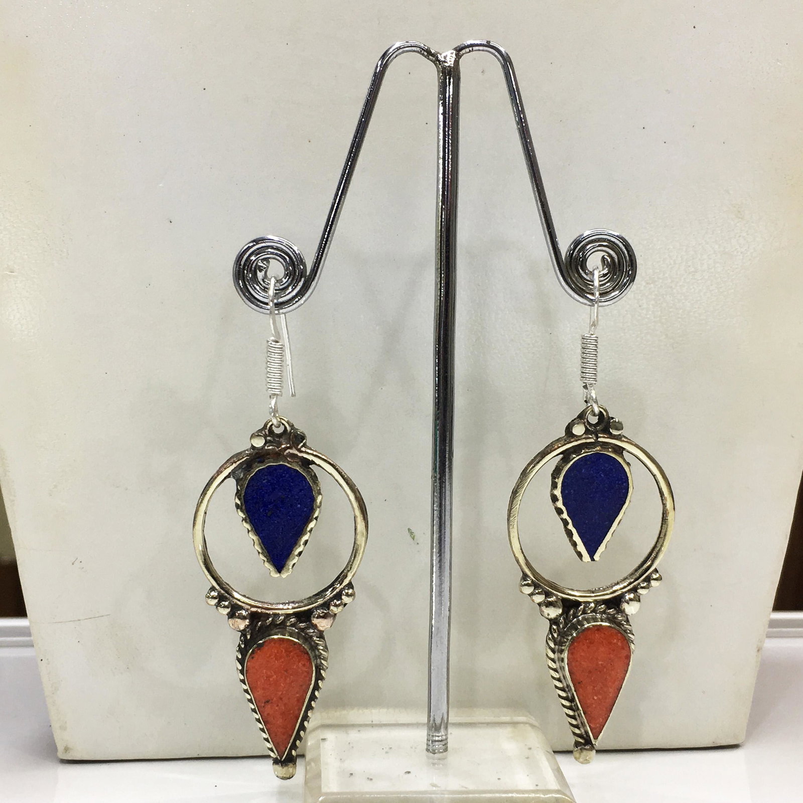 Tibetan Coral & Lapis Handmade Ethnic Earrings: Tibetan Handmade Ethnic Earrings Main Stone: Turquoise, Coral & Lapis Metal: Tibetan Silver Material: Stone Brand: Handmade Style: Bohemian Ethnic Origin: Tibetan Country/Region of Manufacture: Nepal