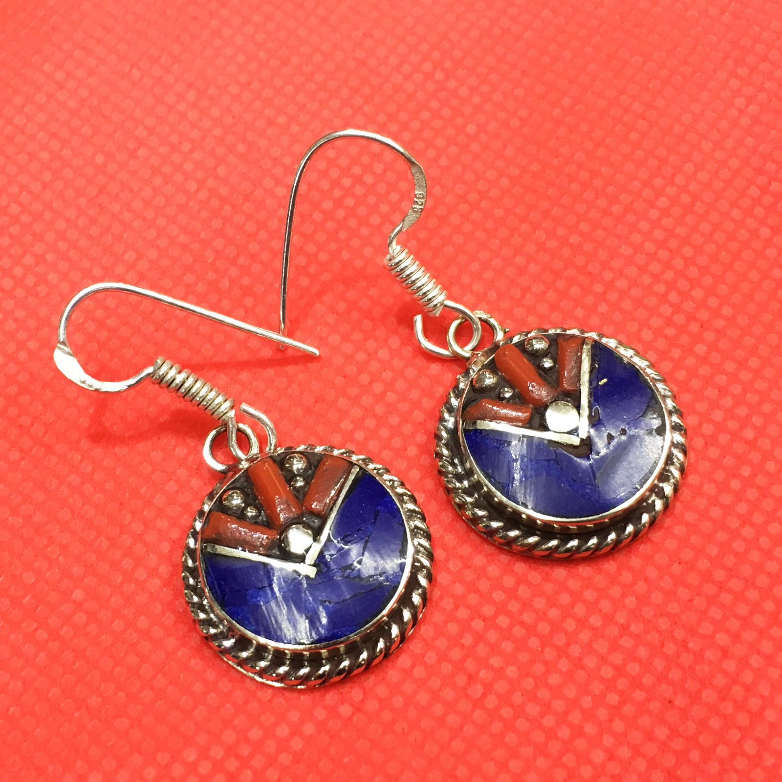 Tibetan Coral & Lapis Handmade Ethnic Earrings: Tibetan Handmade Ethnic Earrings Main Stone: Turquoise, Coral & Lapis Metal: Tibetan Silver Material: Stone Brand: Handmade Style: Bohemian Ethnic Origin: Tibetan Country/Region of Manufacture: Nepal