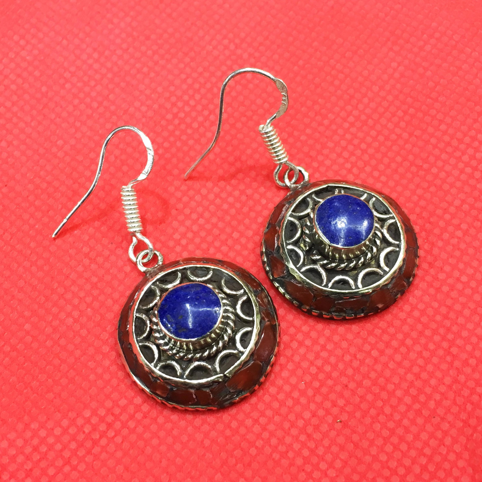 Tibetan Lapis & Coral Handmade Ethnic Earrings: Tibetan Handmade Ethnic Earrings Main Stone: Turquoise, Coral & Lapis Metal: Tibetan Silver Material: Stone Brand: Handmade Style: Bohemian Ethnic Origin: Tibetan Country/Region of Manufacture: Nepal