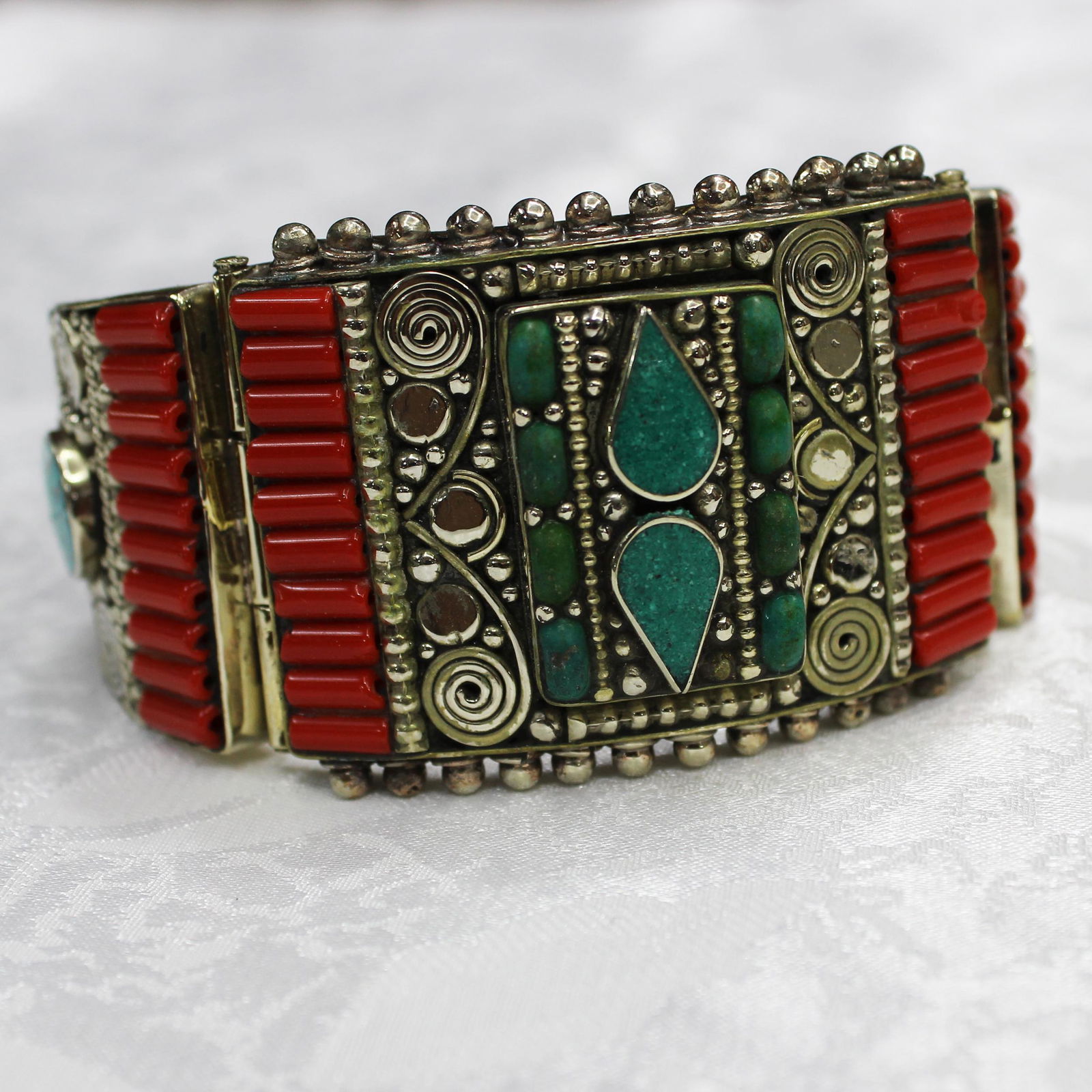 Gypsy Ethnic Turquoise & Coral Handmade Boho Bangle (1 of 3)