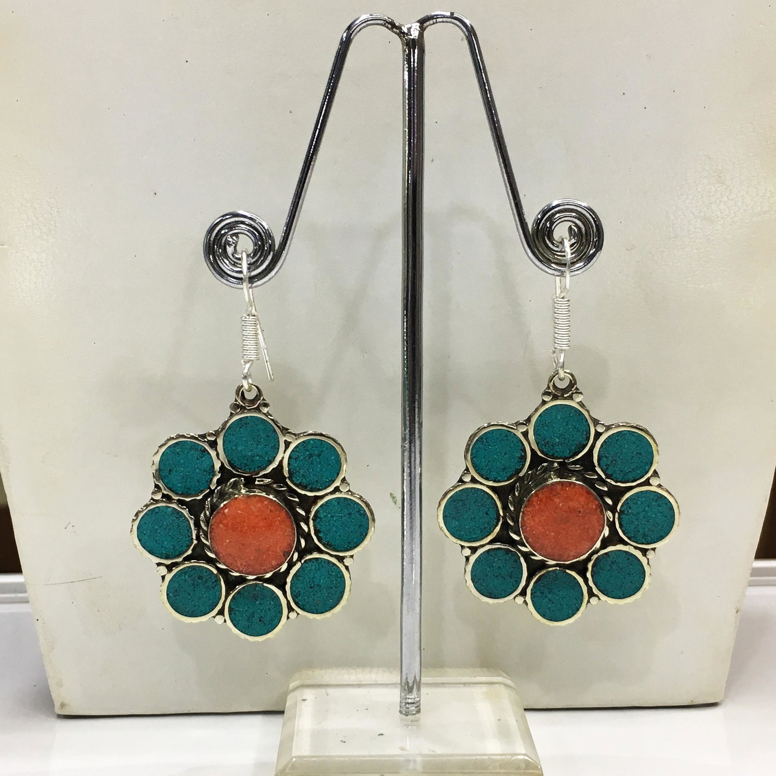 Tibetan Turquoise & Coral Handmade Earrings: Tibetan Handmade Ethnic Earrings Main Stone: Turquoise, Coral & Lapis Metal: Tibetan Silver Material: Stone Brand: Handmade Style: Bohemian Ethnic Origin: Tibetan Country/Region of Manufacture: Nepal