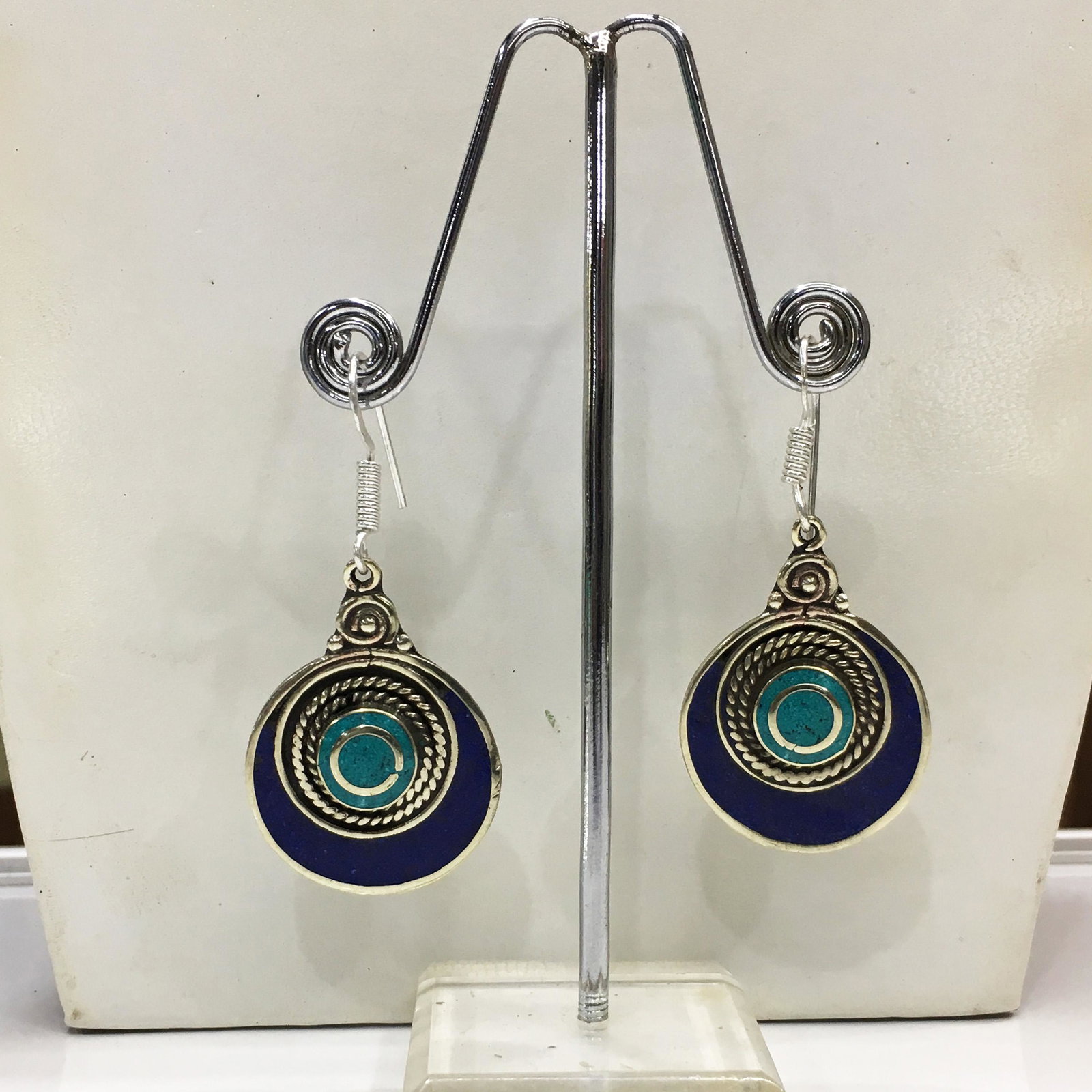 Tibetan Turquoise & Lapis Handmade Ethnic Earrings: Tibetan Handmade Ethnic Earrings Main Stone: Turquoise, Coral & Lapis Metal: Tibetan Silver Material: Stone Brand: Handmade Style: Bohemian Ethnic Origin: Tibetan Country/Region of Manufacture: Nepal