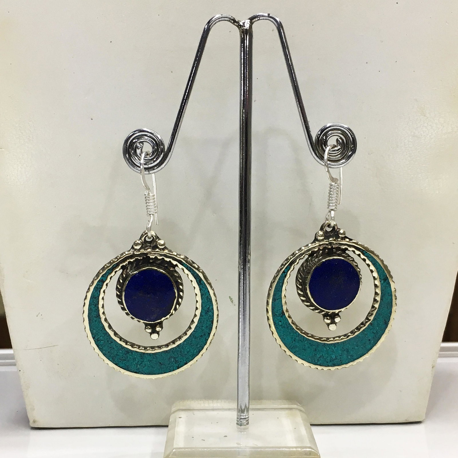 Tibetan Turquoise & Lapis Handmade Ethnic Earrings: Tibetan Handmade Ethnic Earrings Main Stone: Turquoise, Coral & Lapis Metal: Tibetan Silver Material: Stone Brand: Handmade Style: Bohemian Ethnic Origin: Tibetan Country/Region of Manufacture: Nepal