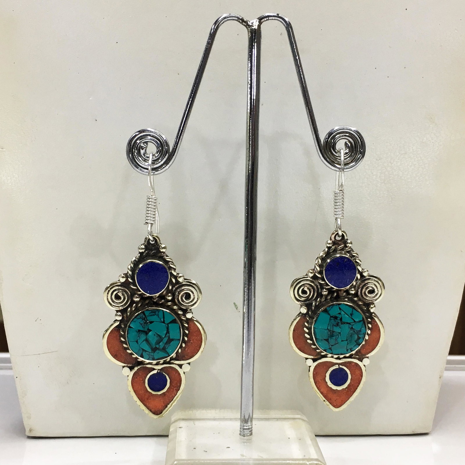 Tibetan Turquoise & Coral Handmade Boho Earrings: Tibetan Handmade Ethnic Earrings Main Stone: Turquoise, Coral & Lapis Metal: Tibetan Silver Material: Stone Brand: Handmade Style: Bohemian Ethnic Origin: Tibetan Country/Region of Manufacture: Nepal