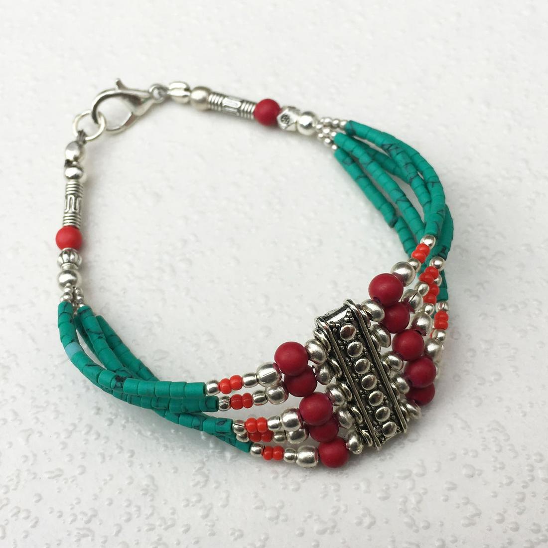 Tibetan Turquoise & Coral Beaded Charm Bracelet (1 of 2)
