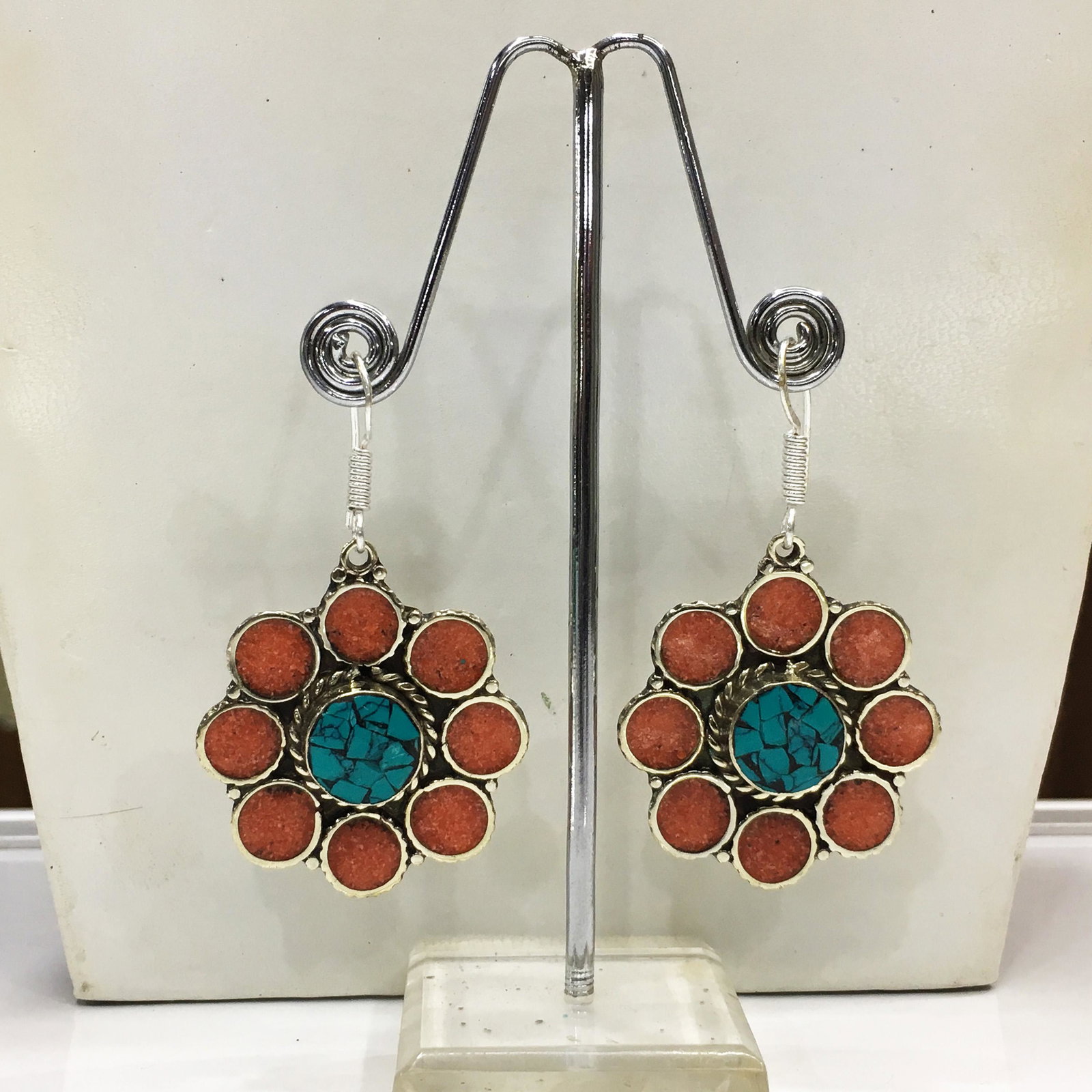 Tibetan Turquoise & Coral Handmade Boho Earrings: Tibetan Handmade Ethnic Earrings Main Stone: Turquoise, Coral & Lapis Metal: Tibetan Silver Material: Stone Brand: Handmade Style: Bohemian Ethnic Origin: Tibetan Country/Region of Manufacture: Nepal