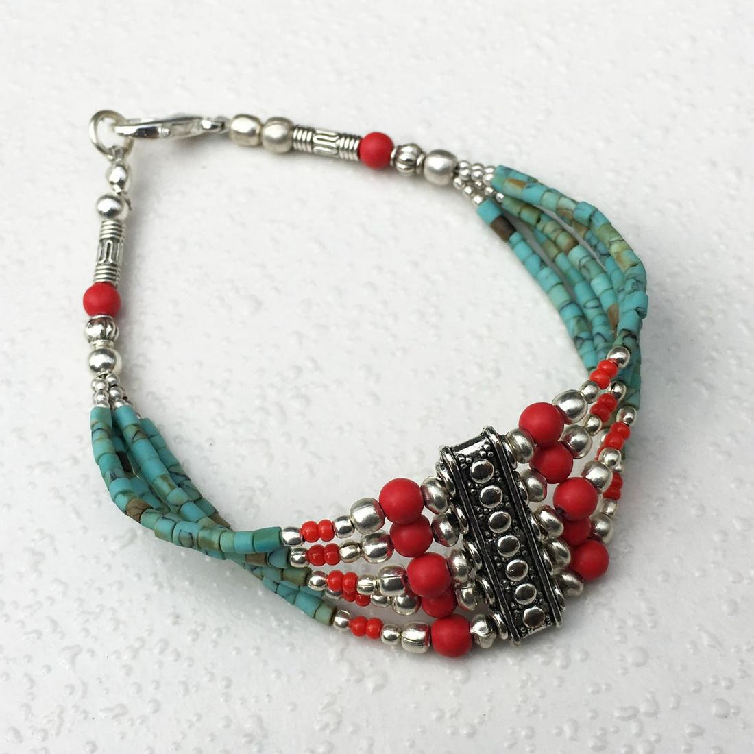 Tibetan Turquoise & Coral Beaded Charm Bracelet (1 of 2)