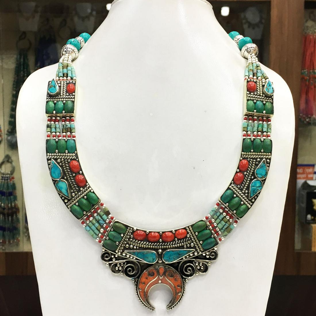 Turquoise & Coral Statement Bold Ethnic Necklace (1 of 1)