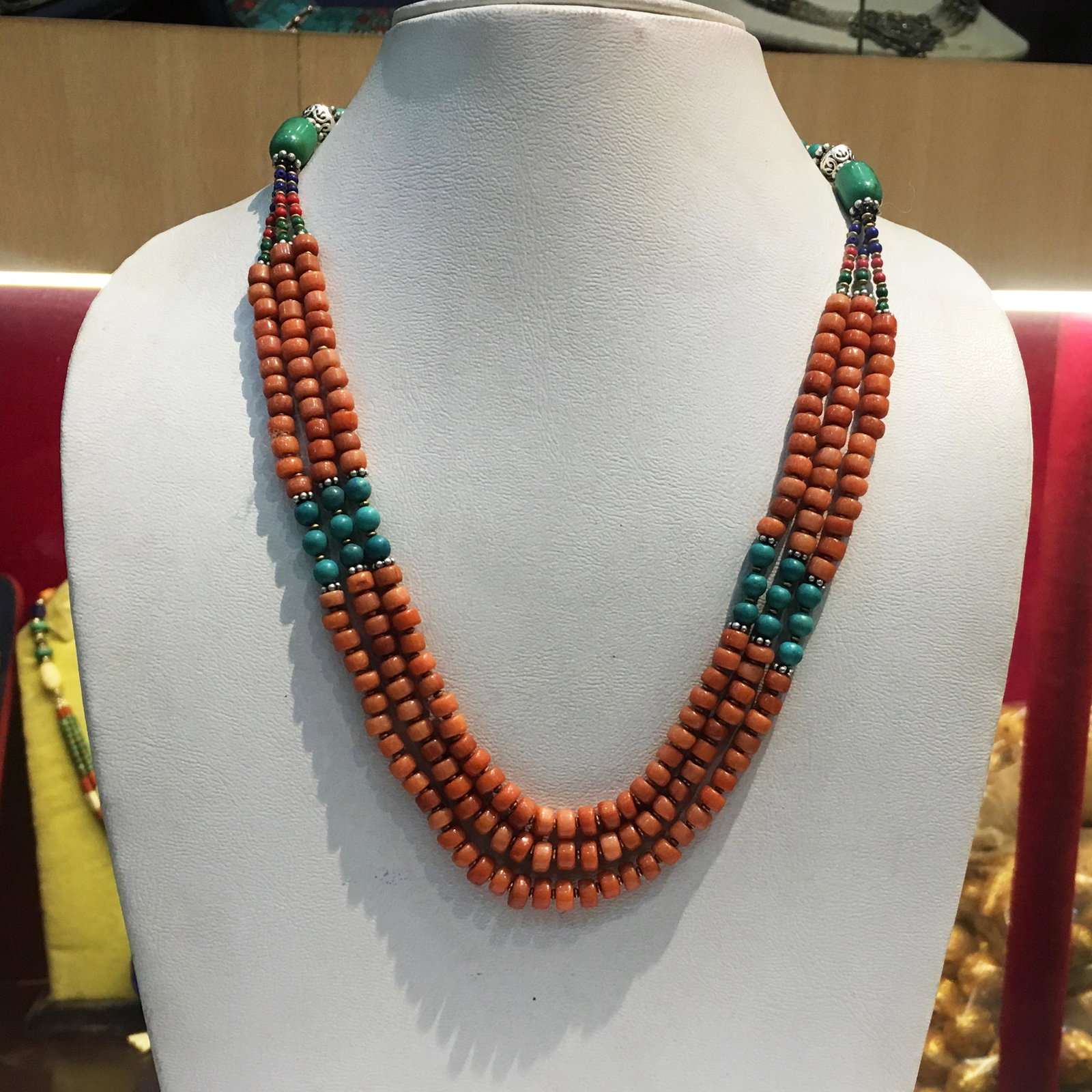 Natural Old Turquoise & Coral Beaded Necklace: Natural Old Turquoise & Coral Necklace Weight: 66 Gram Approx Gemstones: Natural Turquoise & Coral Gemstone Orgin: Coral from Taiwan & Turquoise from Afghanistan Brand: Handmade Necklace Length: 18”