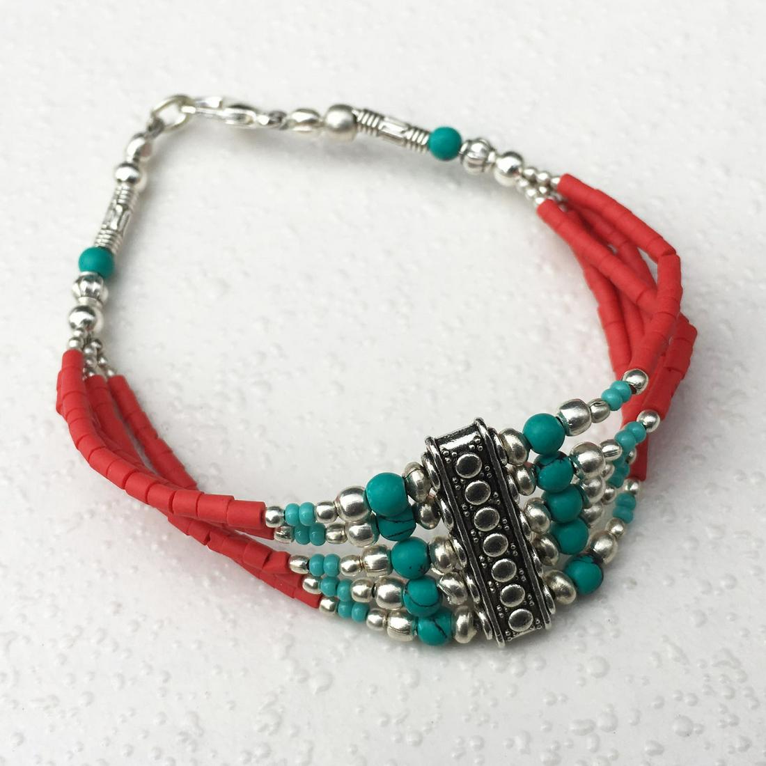 Tibetan Coral Beaded Handmade Bracelet: Tibetan Handmade Beaded Bracelet Weight: 10 Gram Approx Gemstone: Turquoise, Coral & Lapis Metal: Tibetan Silver Beads Country/Region of Manufacture: Nepal