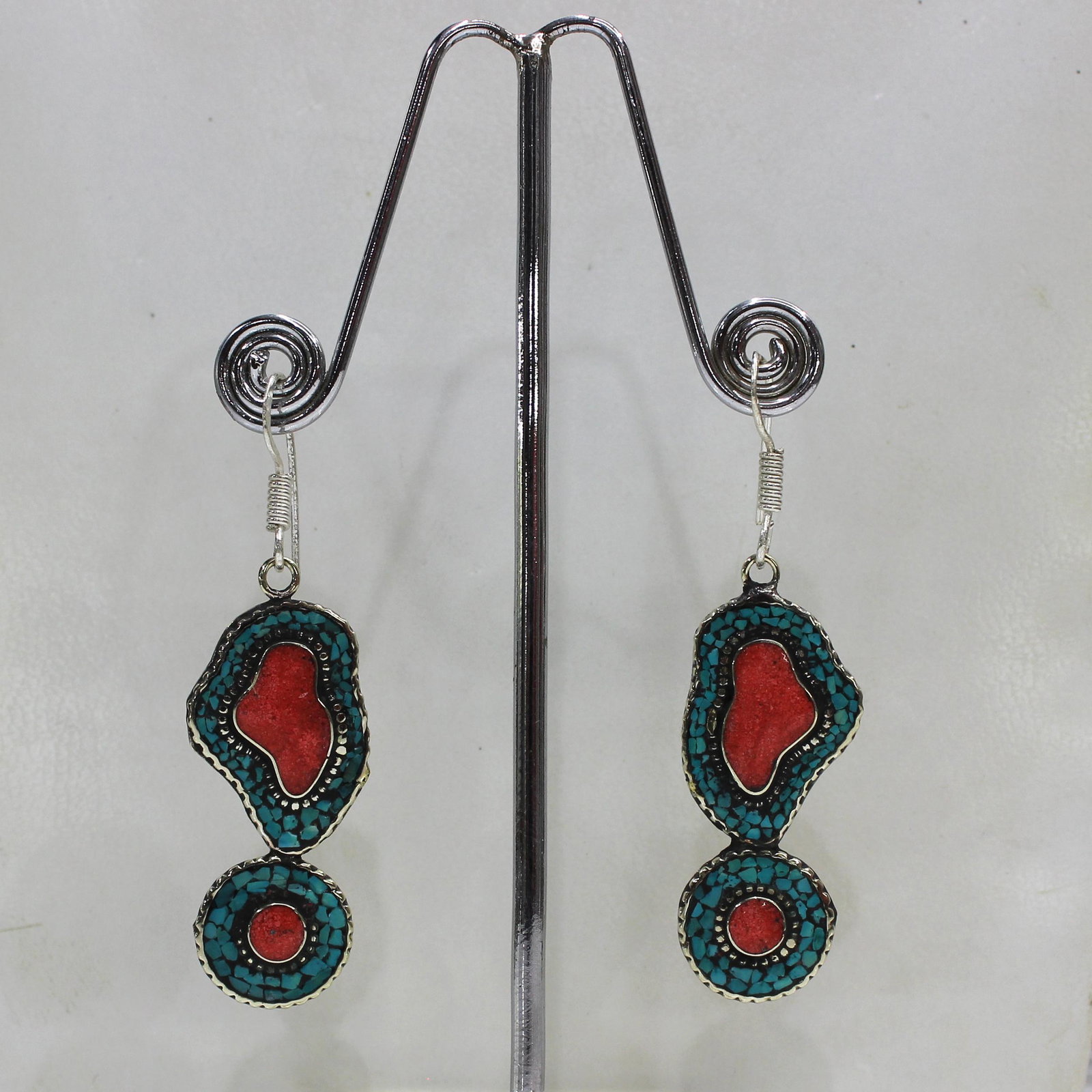 Tibetan Turquoise & Coral Handmade Ethnic Earrings: Tibetan Handmade Ethnic Earrings Main Stone: Turquoise, Coral & Lapis Metal: Tibetan Silver Material: Stone Brand: Handmade Style: Bohemian Ethnic Origin: Tibetan Country/Region of Manufacture: Nepal
