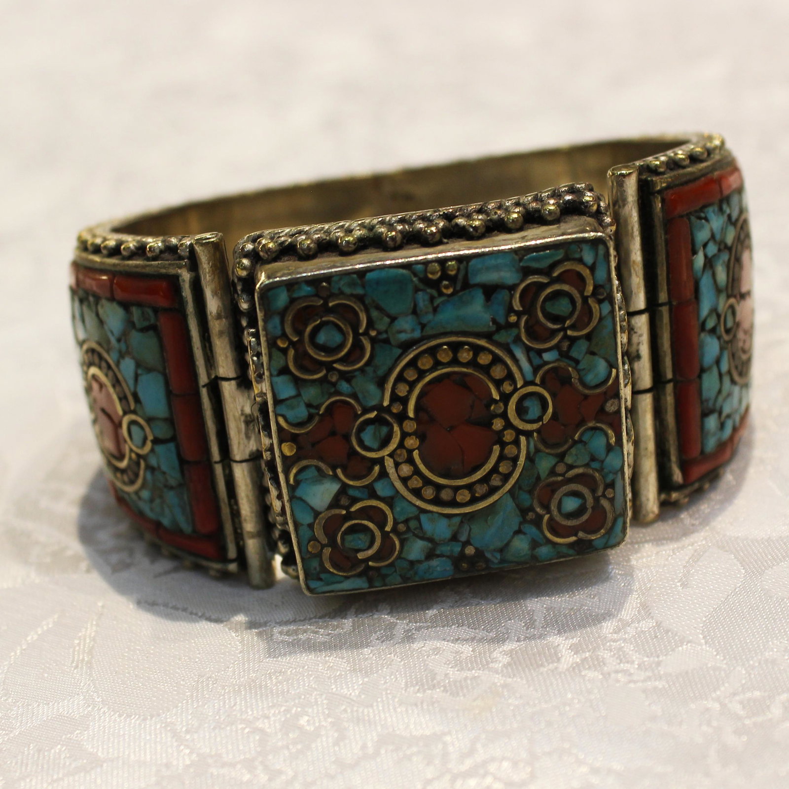 Gypsy Ethnic Turquoise & Coral Handmade Old Bangle: TIBETAN TURQUOISE & CORAL HANDMADE BANGLE Weight: 100 Gram Approx Gemstones: Turquoise & Coral, Lapis Brand: Handmade Bangle Length: 6 to 7 Inch Country/Region of Manufacture: Kathmandu/Nepal