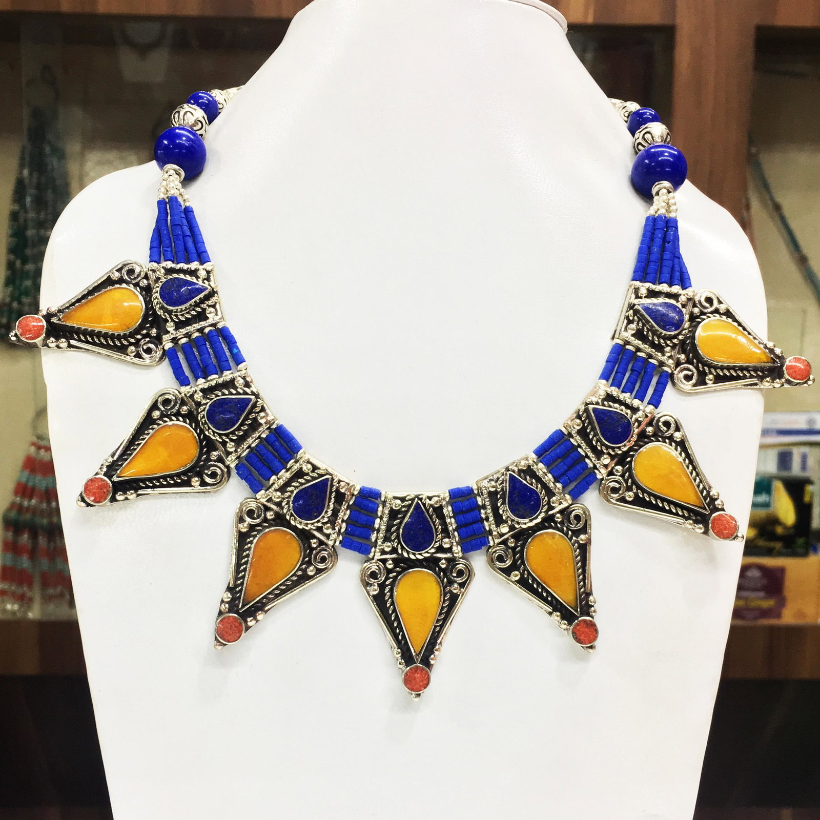 Tibetan Lapis & Amber Handmade Chokar Necklace: Tibet Natural Stone Hand Made Turquoise, Coral & Lapis Necklace......This elegant Necklace was handcrafted in Tibet, the home of exquisite jewelry craftsmanship. It was skillfully made with large natu