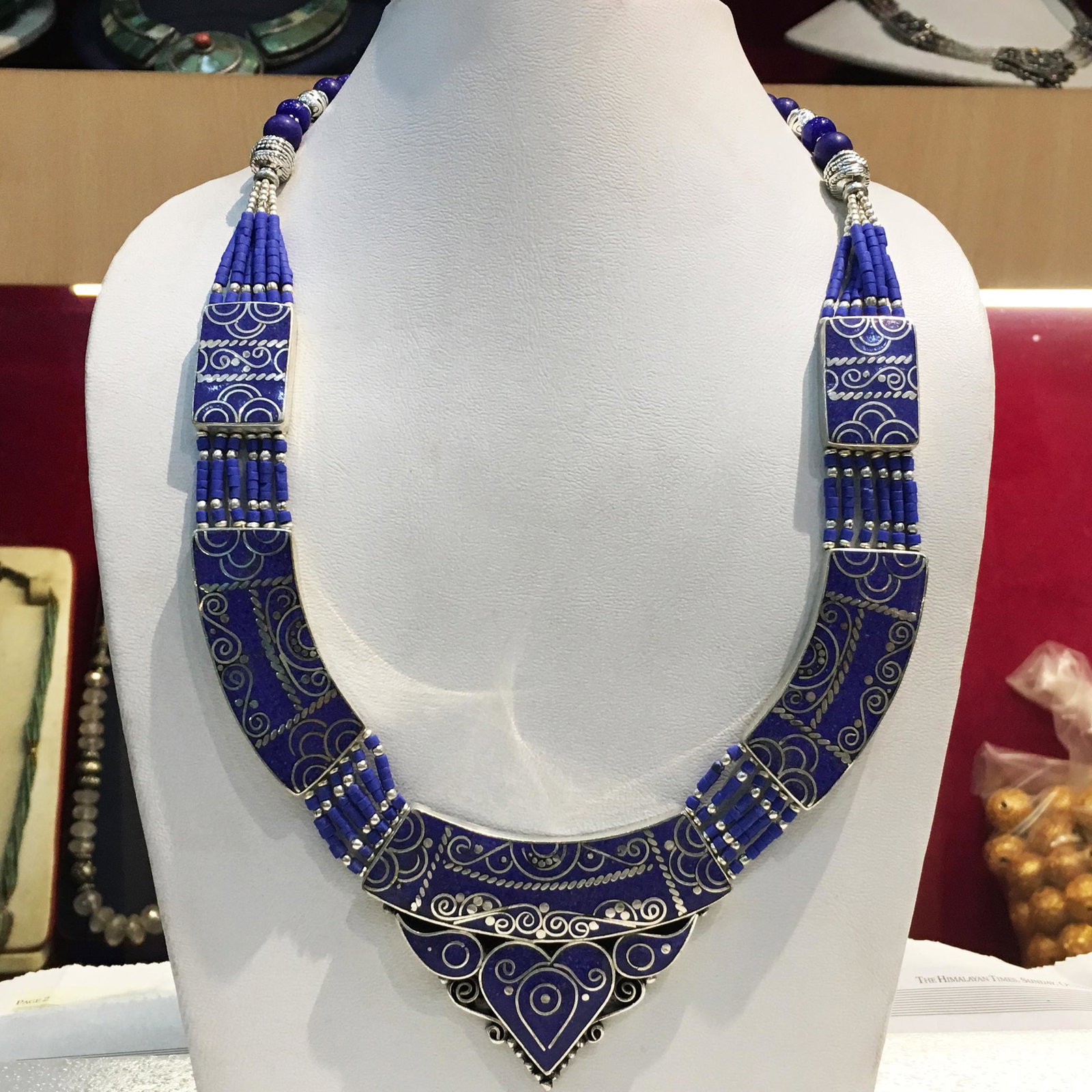 Tibetan Lapis Tibetan Silver Chokar Necklace: Tibet Natural Stone Hand Made Turquoise, Coral & Lapis Necklace......This elegant Necklace was handcrafted in Tibet, the home of exquisite jewelry craftsmanship. It was skillfully made with large natu
