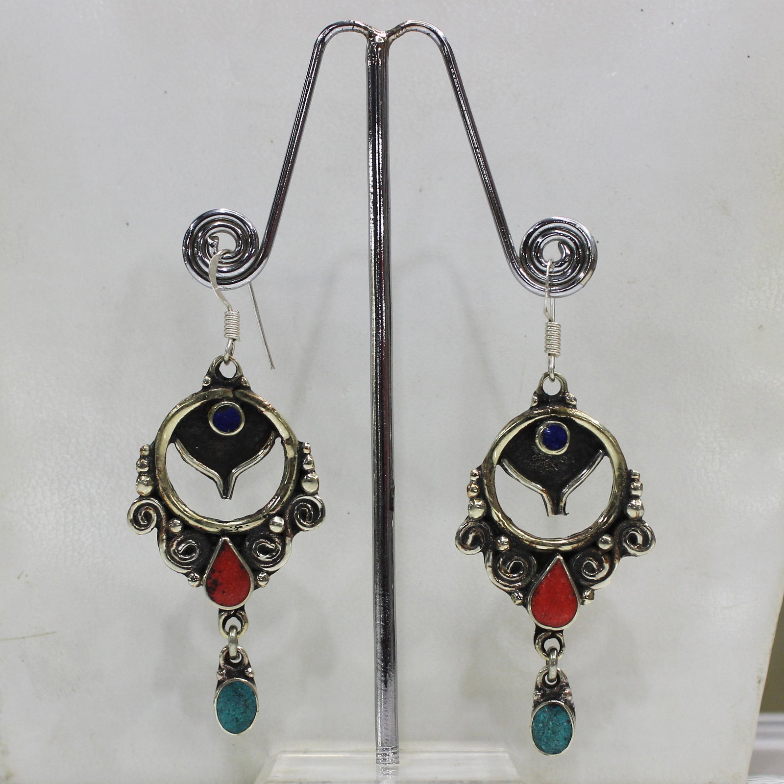 Tibetan Hand-Carved Turquoise Choker Earrings (1 of 1)