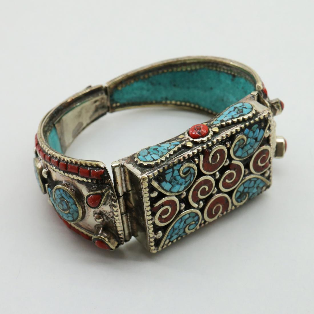 Tibetan Turquoise & Coral Hand-Carved Bangle (1 of 5)
