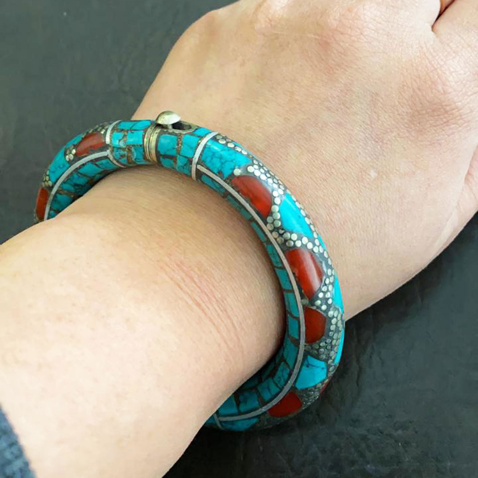 Natural Turquoise & Coral Handmade Silver Old Bangle (1 of 4)