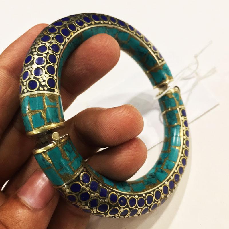Natural Turquoise & Lapis Handmade Silver Old Bangle (1 of 4)