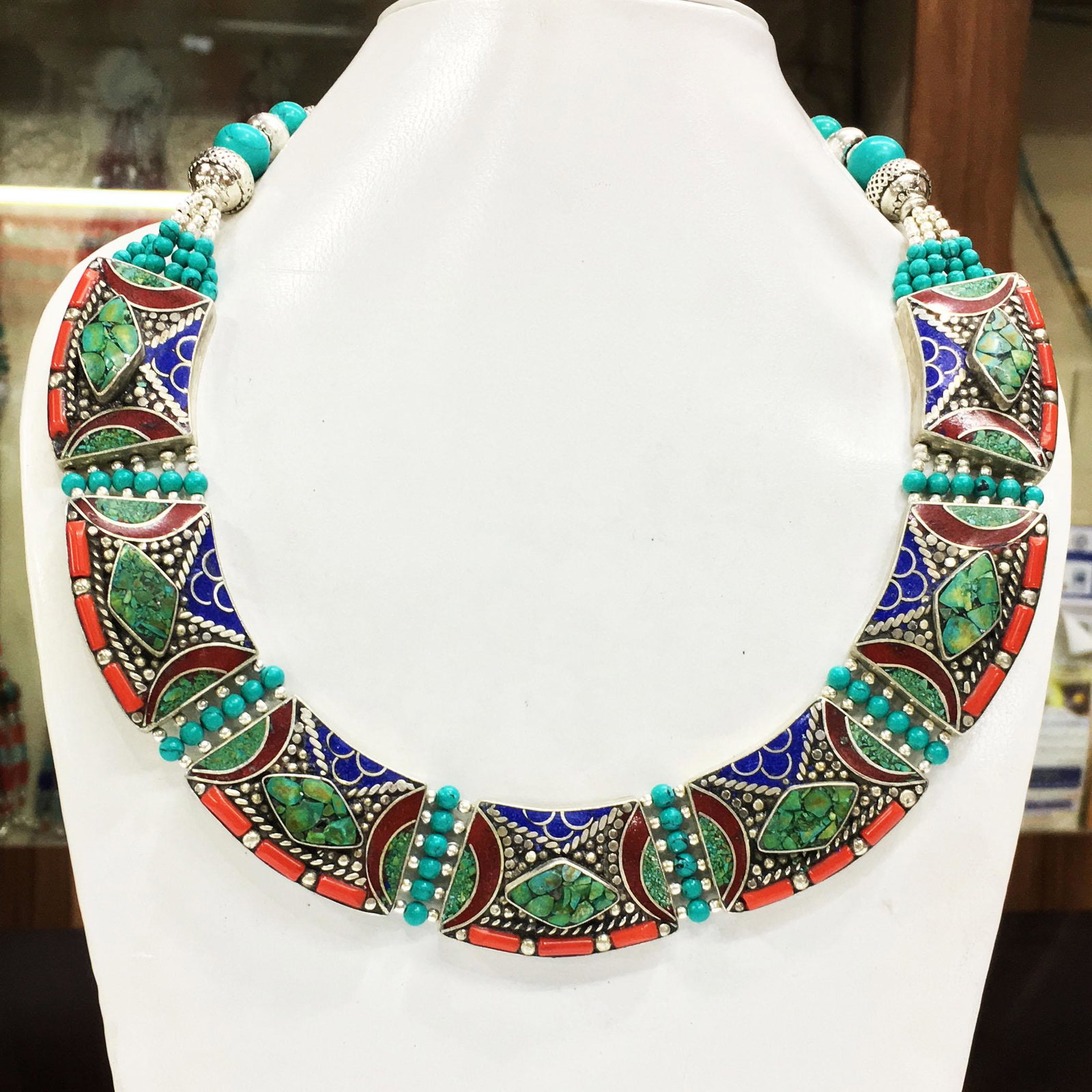 Tibetan Turquoise & Coral Handmade Chokar Necklace: Tibet Natural Stone Hand Made Turquoise, Coral & Lapis Necklace......This elegant Necklace was handcrafted in Tibet, the home of exquisite jewelry craftsmanship. It was skillfully made with large natu