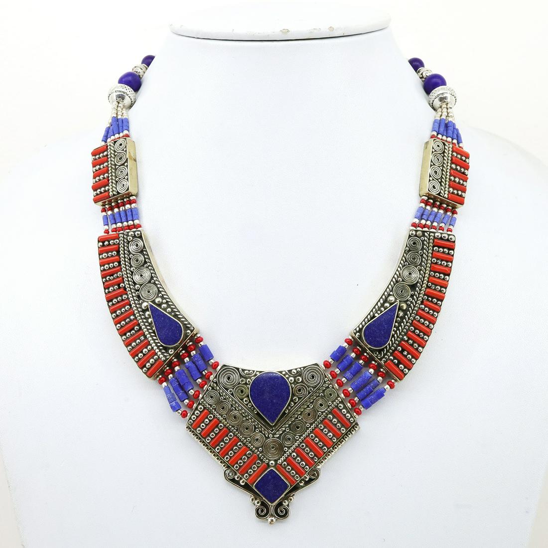 Women's Old Vintage Lapis Tibetan Asian Necklace: Tibet Natural Stone Hand Made Turquoise, Coral & Lapis Necklace......This elegant Necklace was handcrafted in Tibet, the home of exquisite jewelry craftsmanship. It was skillfully made with large natu