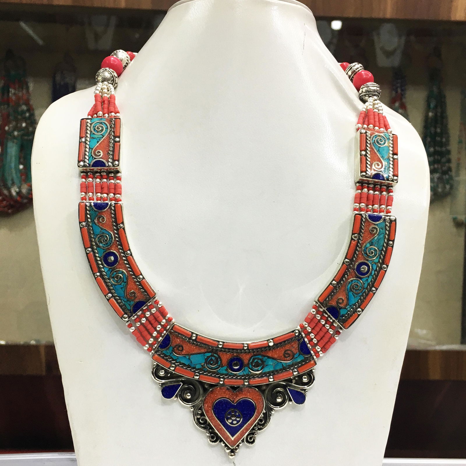 Turquoise & Coral Statement Ethnic Necklace (1 of 1)