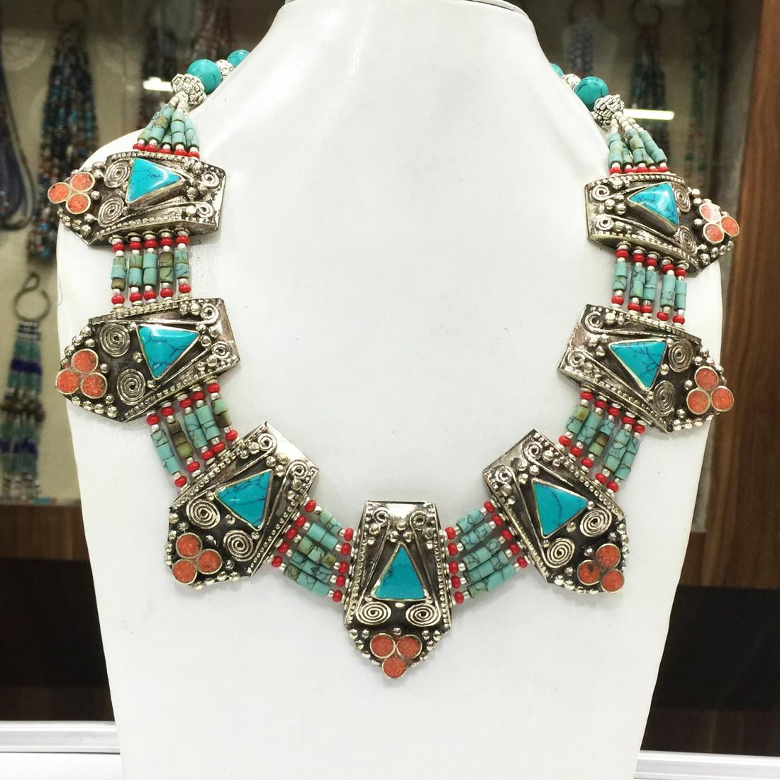 Turquoise & Coral Ethnic Chokar Necklace (1 of 1)