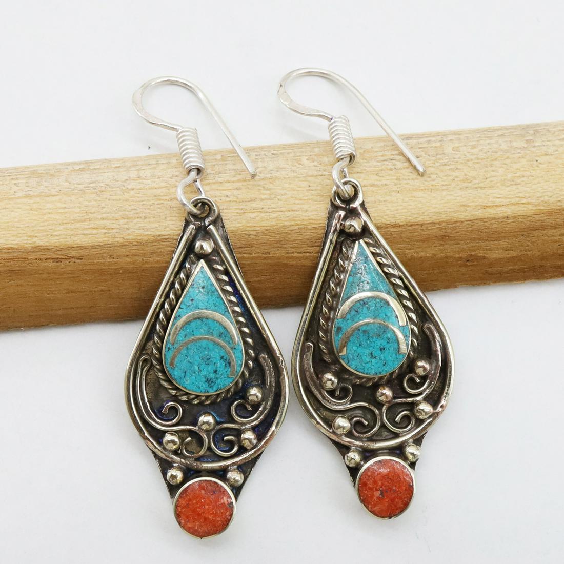 Natural Turquoise & Coral Hand-Carved Earrings (1 of 3)