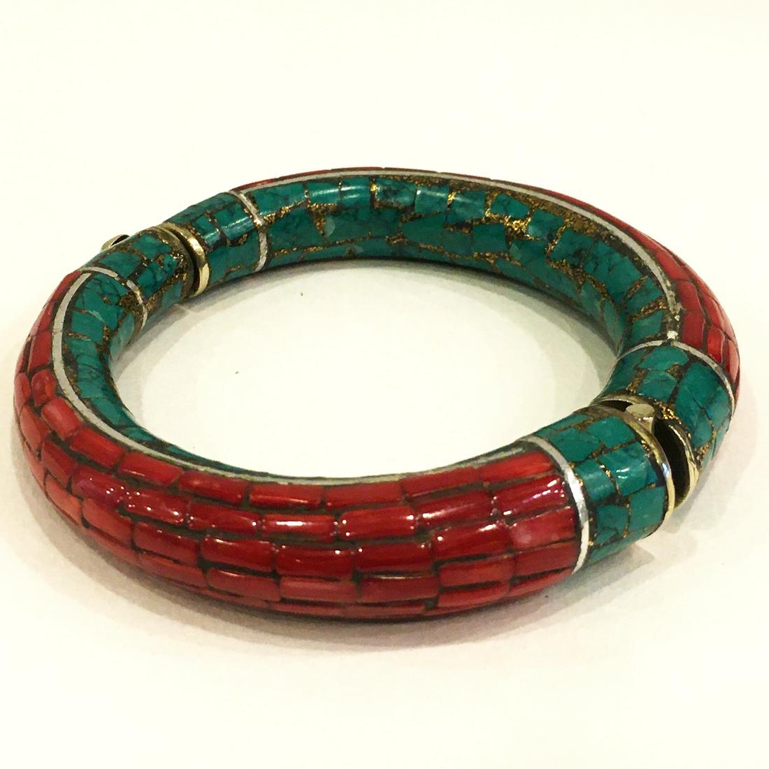 Natural Turquoise & Coral Handmade Tibetan Bangle (1 of 5)
