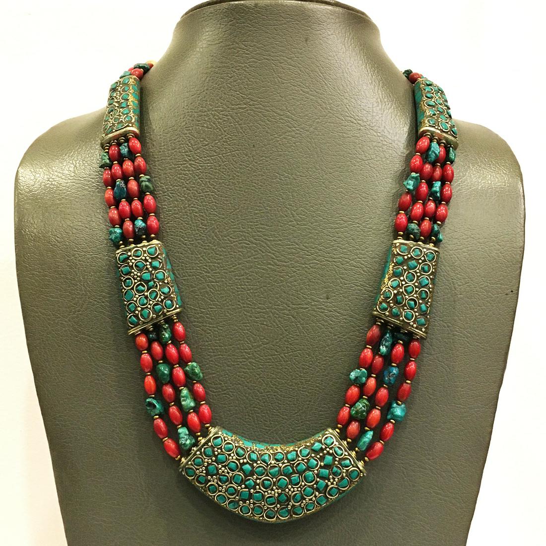 Tibetan Old Natural Turquoise & Coral Necklace (1 of 2)