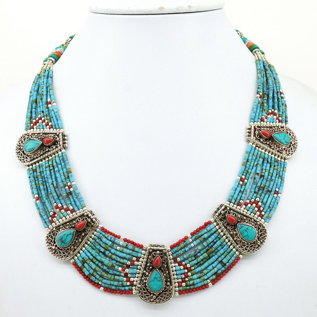 Natural Old Turquoise & Coral Beaded Necklace: Turquoise encourages growth, development, and positive change within one's life. It is especially useful for clearing the Throat Chakra, and blockages of suppressed self-expression. Coral symbolizes l