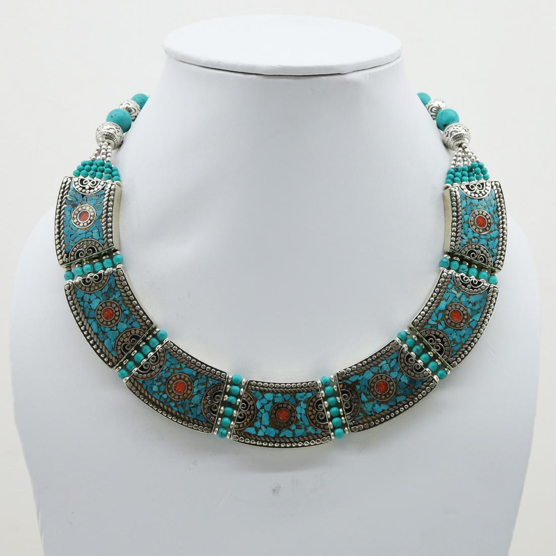Natural Turquoise Vintage Choker Ethnic Necklace: Turquoise encourages growth, development, and positive change within one's life. It is especially useful for clearing the Throat Chakra, and blockages of suppressed self-expression. Coral symbolizes l