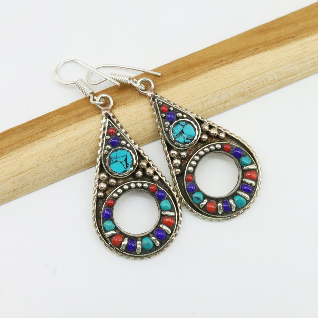 Tibetan Turquoise Ethnic Choker Earrings: Tibet Natural Stone Hand Made Turquoise, Coral & Lapis Earring......This elegant Earring was handcrafted in Tibet, the home of exquisite jewelry craftsmanship. It was skillfully made with large natura