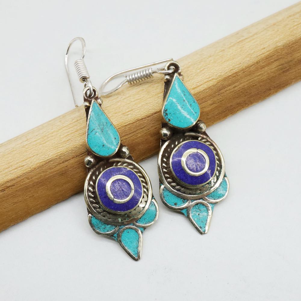 Turquoise & Lapis Handmade Choker Earrings: Tibet Natural Stone Hand Made Turquoise, Coral & Lapis Earring......This elegant Earring was handcrafted in Tibet, the home of exquisite jewelry craftsmanship. It was skillfully made with large natura