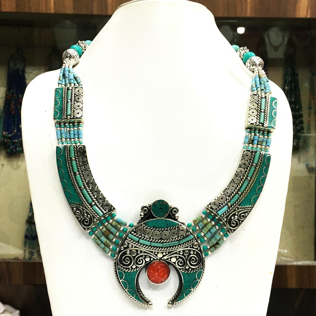 Natural Turquoise Handmade Ethnic Choker Necklace: Turquoise encourages growth, development, and positive change within one's life. It is especially useful for clearing the Throat Chakra, and blockages of suppressed self-expression. Coral symbolizes l