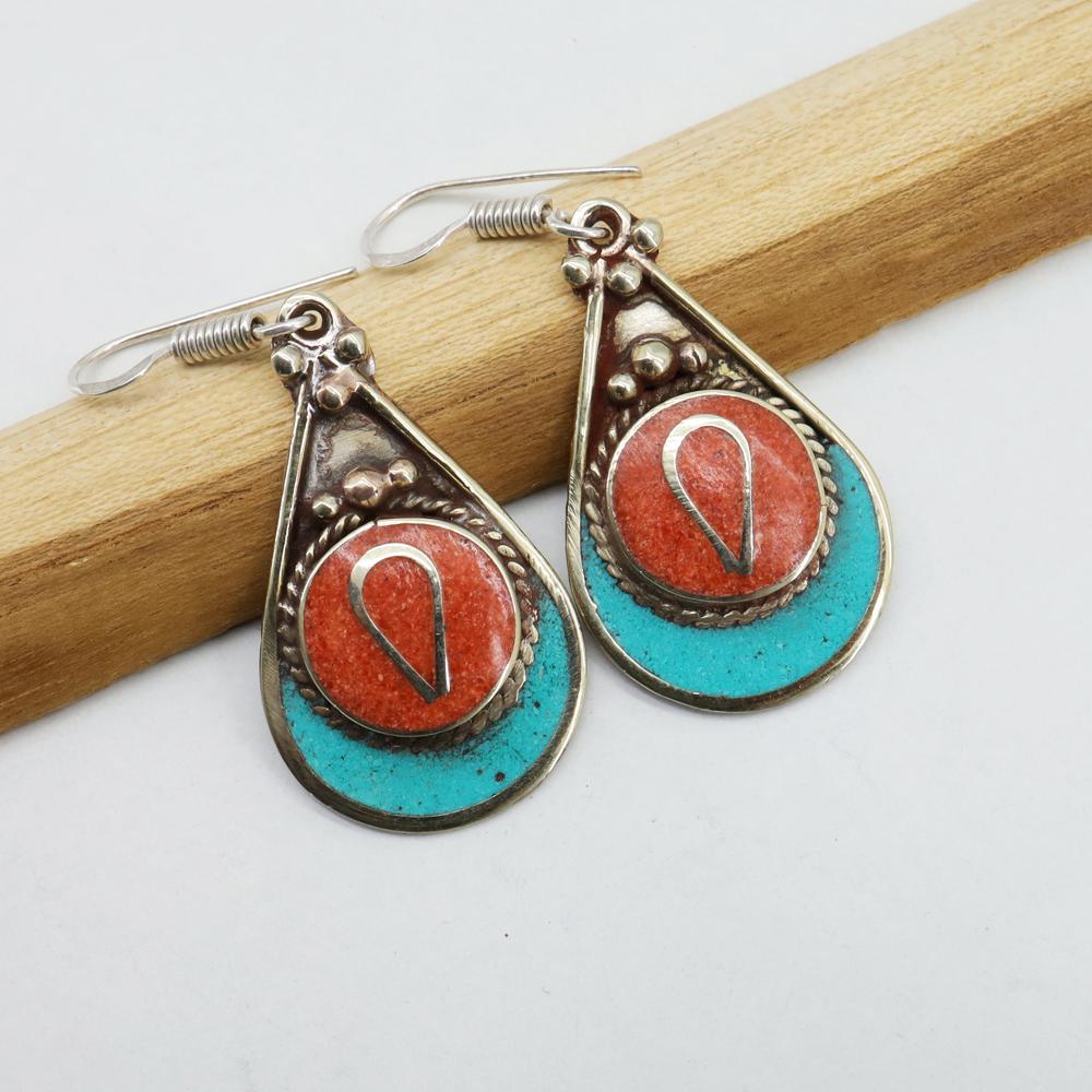 Turquoise & Coral Native Tribal Ethnic Earrings (1 of 3)