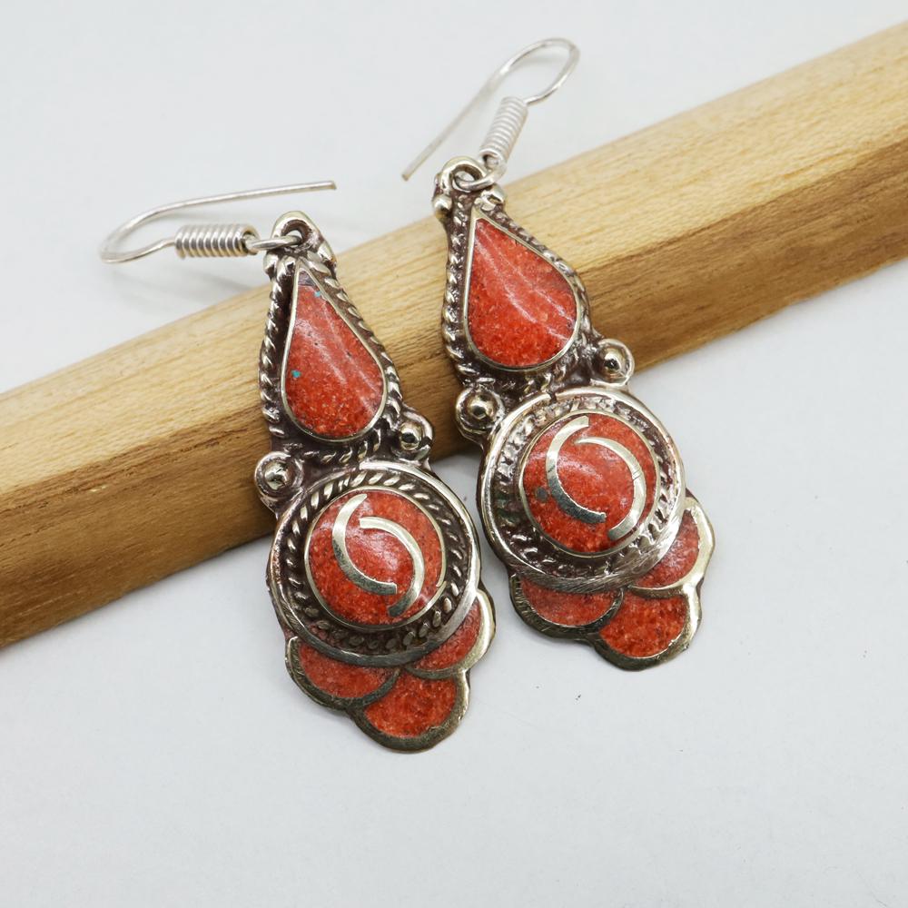 Tibetan Silver Coral Earring - Handmade in Nepal: Tibet Natural Stone Hand Made Turquoise, Coral & Lapis Earring......This elegant Earring was handcrafted in Tibet, the home of exquisite jewelry craftsmanship. It was skillfully made with large natura